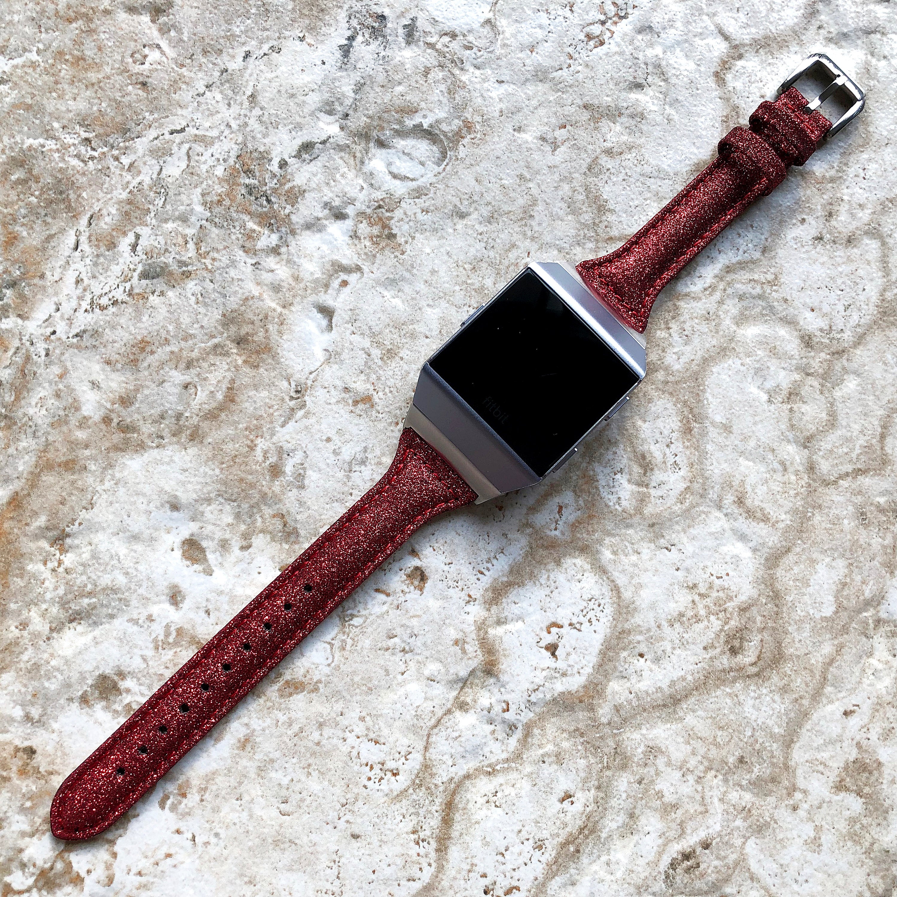 Fitbit Ionic Red Sparkling Glitter Slim Elegant Soft Leather Band Strap Bracelet for Smartwatch Quick Adapters in Silver Rose Gold Black